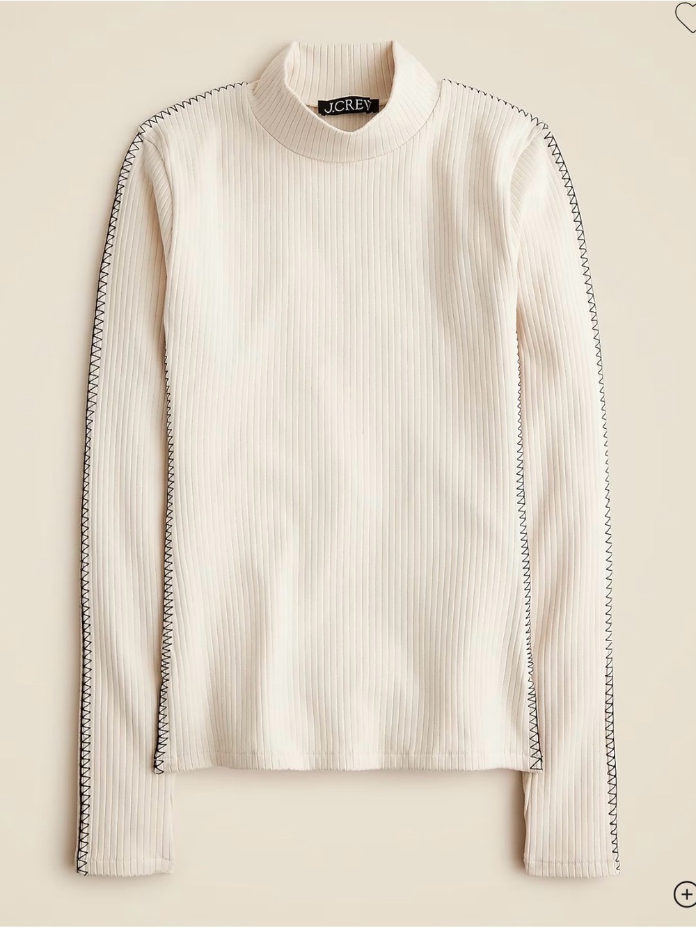 NWT J. Crew Cream Ribbed Mock-Neck Long Sleeve Top with Contrast Stitch